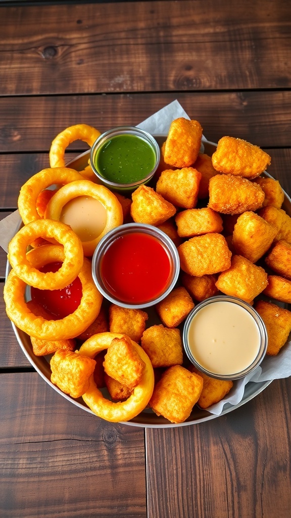 A platter of crispy onion rings and chicken nuggets with dipping sauces on a wooden table.